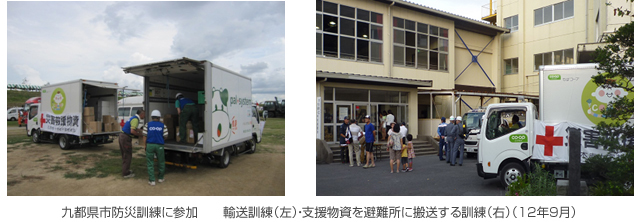 九都県市防災訓練に参加　　輸送訓練（左）・支援物資を避難所に搬送する訓練（右）（12年9月）
