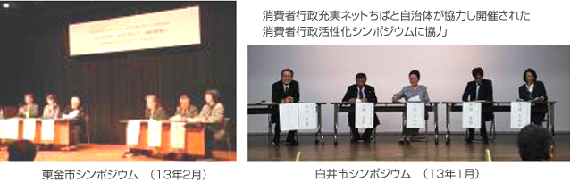 消費者行政充実ネットちばと自治体が協力し開催された消費者行政活性化シンポジウムに協力、東金市シンポジウム (13年2月)、白井市シンポジウム (13年1月)