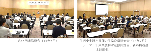 第65回通常総会（14年6月）　生活安全課と共催の生協役員研修会（14年7月）テーマ：千葉県農林水産振興計画、新消費者基本計画他