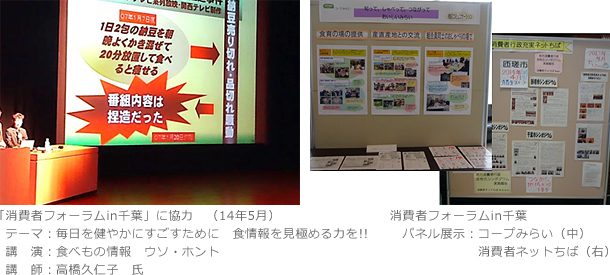 「消費者フォーラムin千葉」に協力（14年5月）テーマ：毎日を健やかにすごすために　食情報を見極める力を!!　講演：食べもの情報　ウソ・ホント　講師：高橋久仁子　氏　消費者フォーラムin千葉パネル展示：コープみらい（中）消費者ネットちば（右）