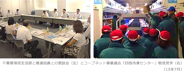 千葉県環境生活部と県連役員との懇談会（左）とコープネット事業連合「印西冷凍センター」物流見学（右）（15年7月）