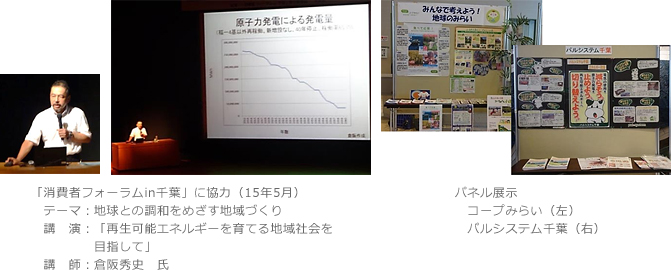 「消費者フォーラムin千葉」に協力　（15年5月）テーマ：地球との調和をめざす地域づくり　講演：「再生可能エネルギーを育てる地域社会を目指して」　講師：倉阪秀史　氏　パネル展示コープみらい（左）パルシステム千葉（右）