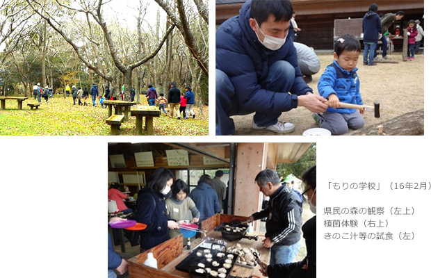 「もりの学校」（16年2月）県民の森の観察（左上）植菌体験（右上）きのこ汁等の試食（左）